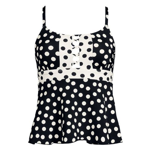 Land's End lace up flutter tankini suit top black egret polka dots size Various - Picture 2 of 5